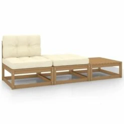 Set Divani Da Giardino 3 Pz Cuscini Marrone Miele Pino Massello