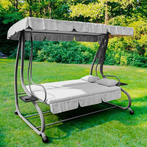 Dondolo 3 Posti Reclinabile Madeira Tettuccio Parasole Regolabile Cuscini Imbottiti Diventa Letto Struttura Robusta In Acciaio Verniciato Giardino Esterno Balcone Terrazzo 200 X 120 X 160 Cm Grigio - immagine 3