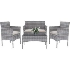 Arreditaly Set Di Mobili Da Giardino Salotto Salottino In Rattan 4 Posti Con Tavolino E Ripiano In Vetro 2 Poltrone E Divano 2 Posti Per Giardino Esterno Piscina Cuscini Sfoderabili (Grigio)